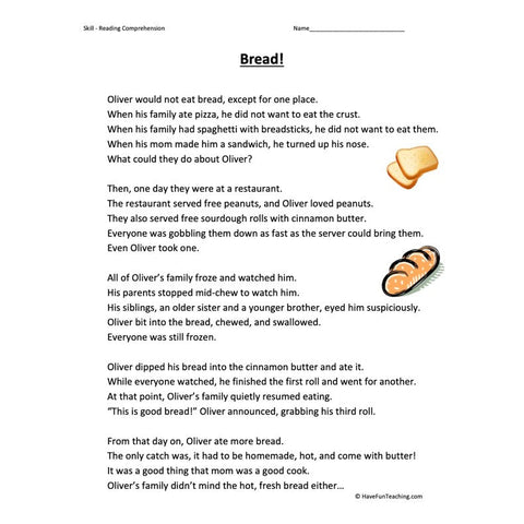 Bread Reading Comprehension Worksheet