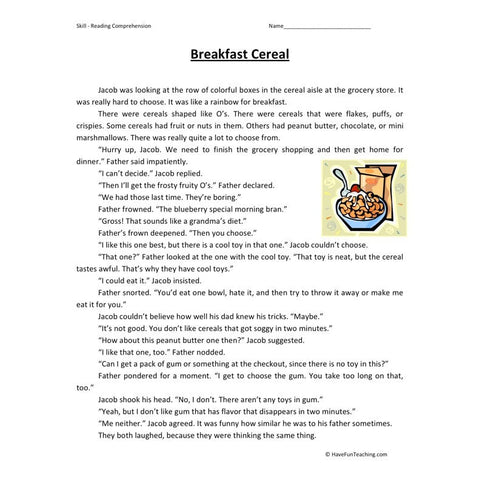 Breakfast Cereal Reading Comprehension Worksheet