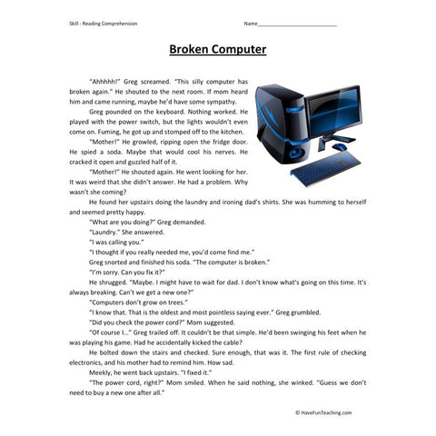 Broken Computer Reading Comprehension Worksheet