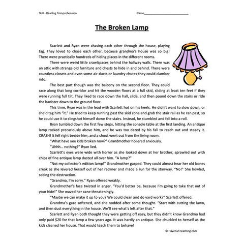 Broken Lamp Reading Comprehension Worksheet