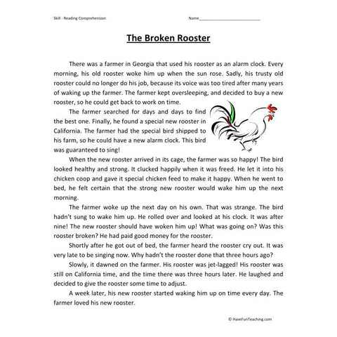 Broken Rooster Reading Comprehension Worksheet