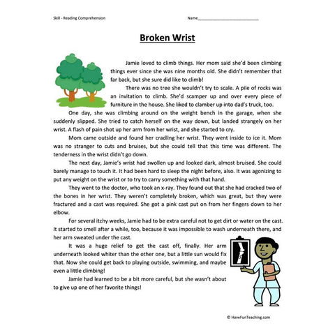 Broken Wrist Reading Comprehension Worksheet