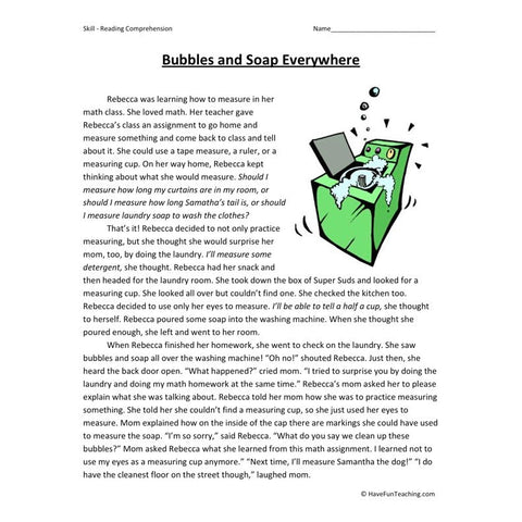 Bubbles and Soap Everywhere Reading Comprehension Worksheet