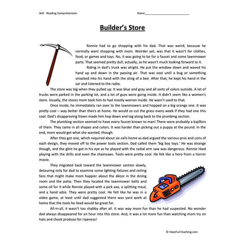 Builders Store Reading Comprehension Worksheet