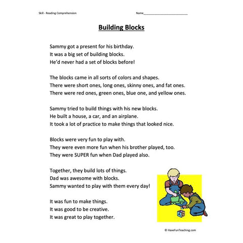 Building Blocks Reading Comprehension Worksheet