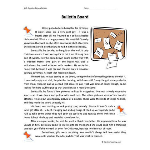Bulletin Board Reading Comprehension Worksheet