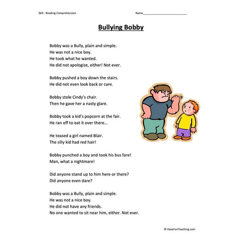 Bullying Bobby Reading Comprehension Worksheet