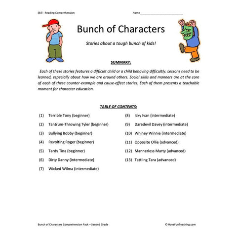 Bunch of Characters Collection Reading Comprehension Worksheets Worksheet