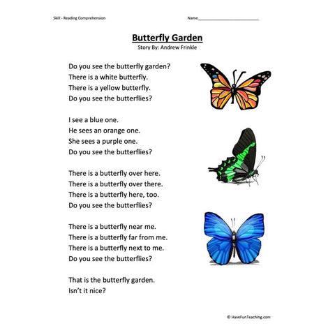 Butterfly Garden Reading Comprehension Worksheet