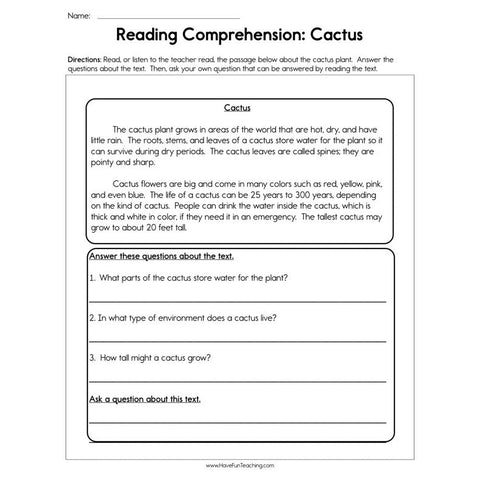 Cactus Reading Comprehension Worksheet