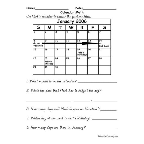 Calendar Math Worksheet