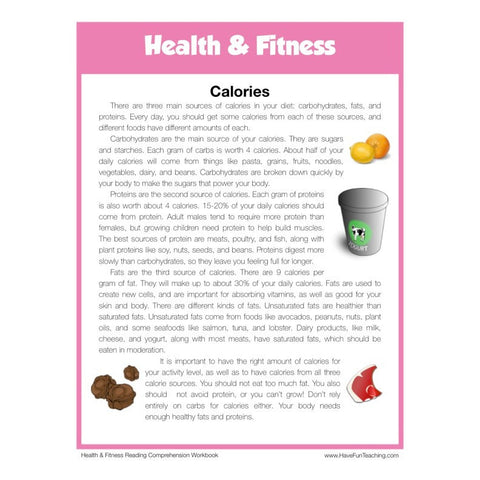 Calories Health and Fitness Reading Comprehension Worksheet