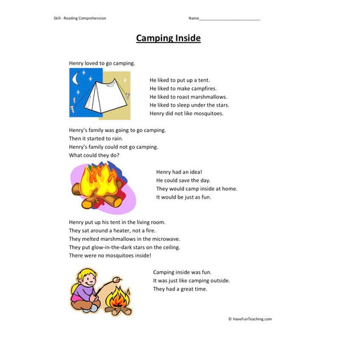 Camping Inside Reading Comprehension Worksheet