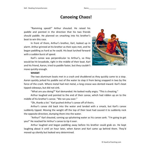 Canoeing Chaos Reading Comprehension Worksheet
