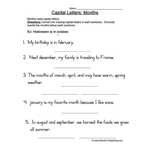Capital Letters Months Worksheet