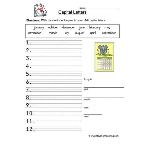 Capital Letters Months Worksheet 2