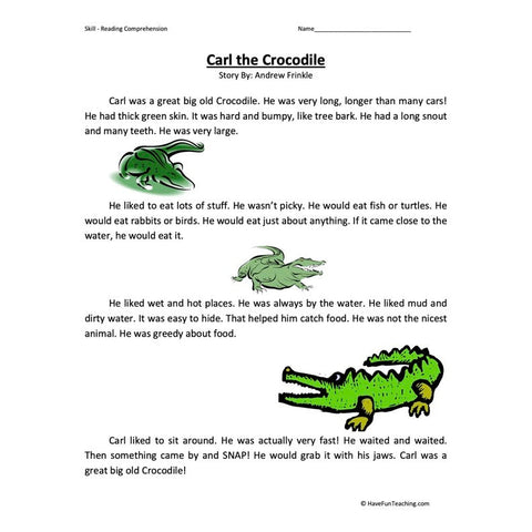 Carl the Crocodile Reading Comprehension Worksheet