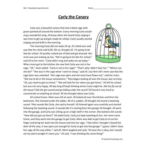 Carly the Canary Reading Comprehension Worksheet
