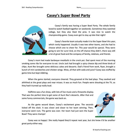 Caseys Super Bowl Party Reading Comprehension Worksheet