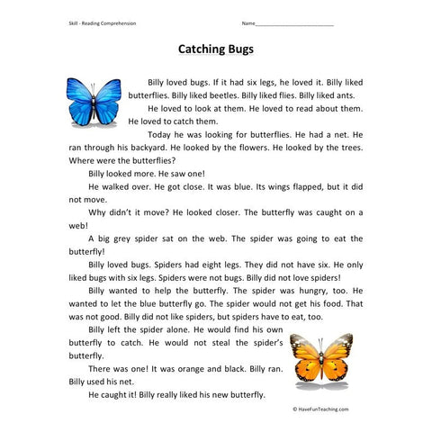 Catching Bugs Reading Comprehension Worksheet