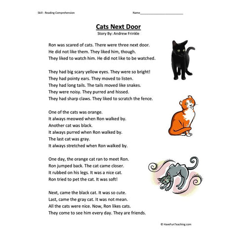 Cats Next Door Reading Comprehension Worksheet