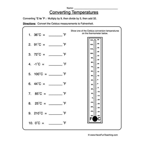 Celsius to Fahrenheit Worksheet