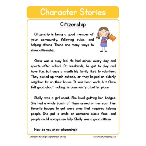 Character Stories Comprehension Citizenship Worksheet