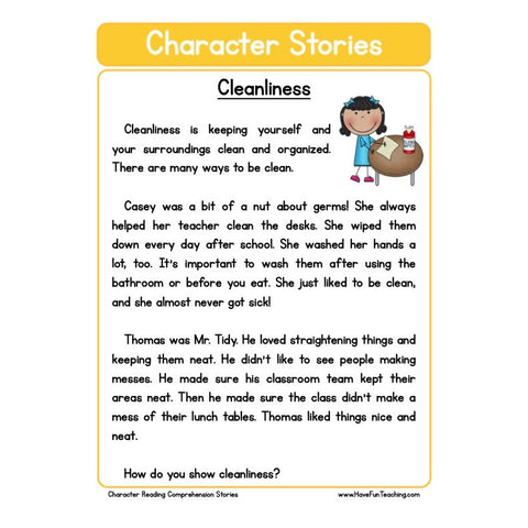 Character Stories Comprehension Cleanliness Worksheet