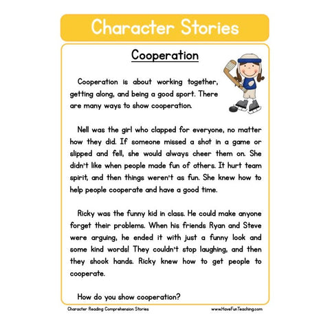 Character Stories Comprehension Cooperation Worksheet