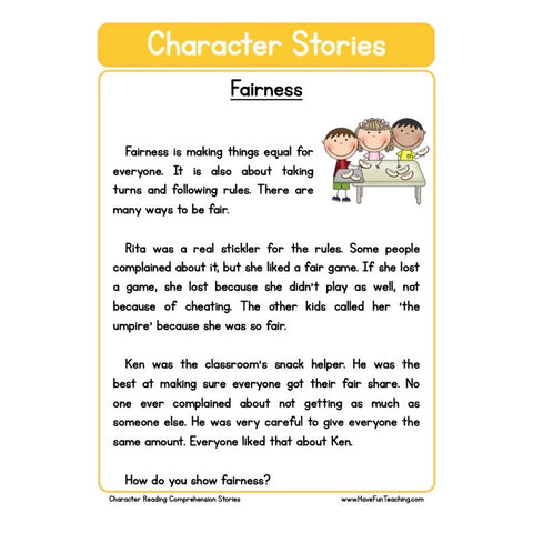 Character Stories Comprehension Fairness Worksheet