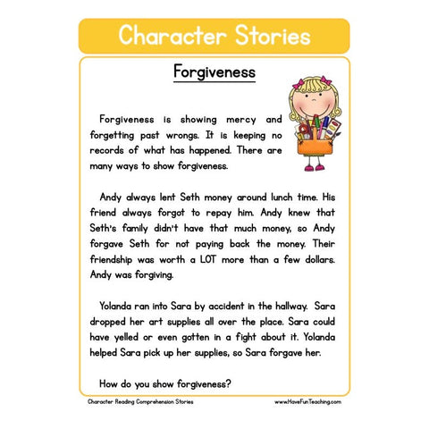 Character Stories Comprehension Forgiveness Worksheet
