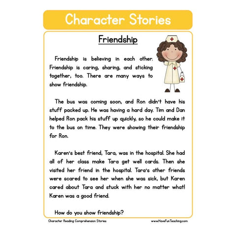 Character Stories Comprehension Friendship Worksheet