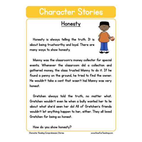 Character Stories Comprehension Honesty Worksheet