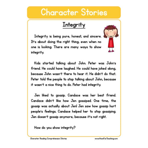 Character Stories Comprehension Integrity Worksheet