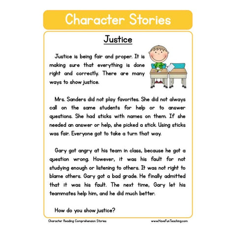 Character Stories Comprehension Justice Worksheet