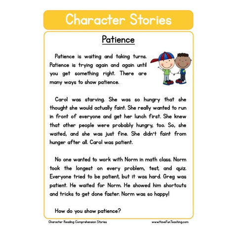 Character Stories Comprehension Patience Worksheet