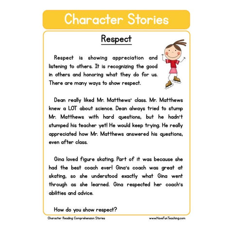 Character Stories Comprehension Respect Worksheet
