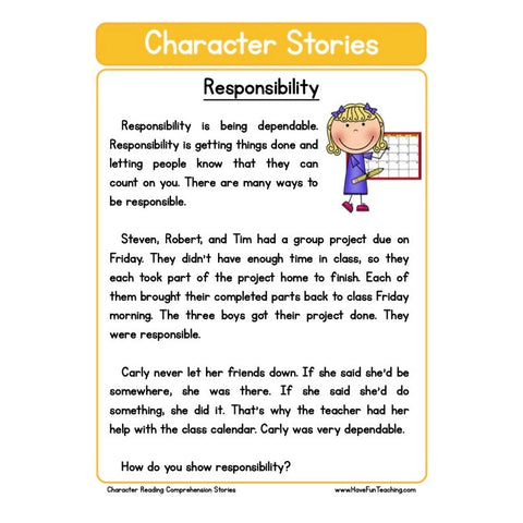 Character Stories Comprehension Responsibility Worksheet