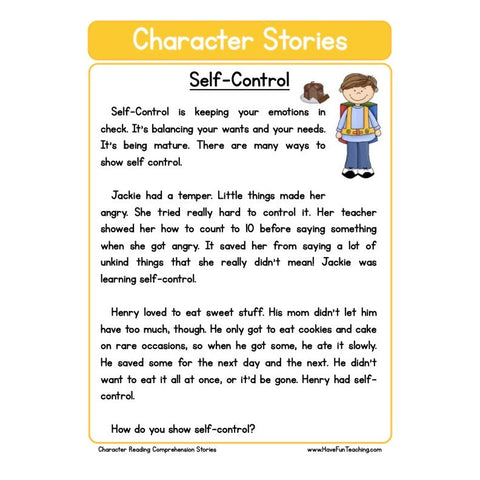 Character Stories Comprehension Self Control Worksheet
