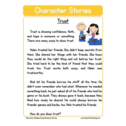 Character Stories Comprehension Trust Worksheet