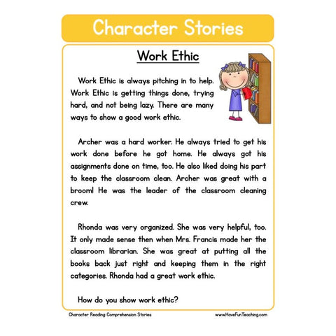 Character Stories Comprehension Work Ethic Worksheet