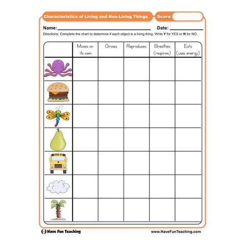Characteristics of Living and Non Living Things Worksheet