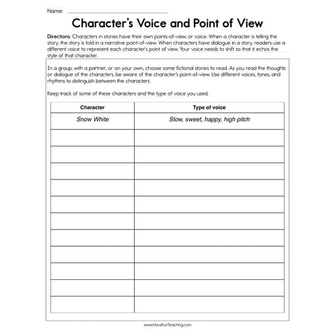Characters Voice and Point of View Worksheet