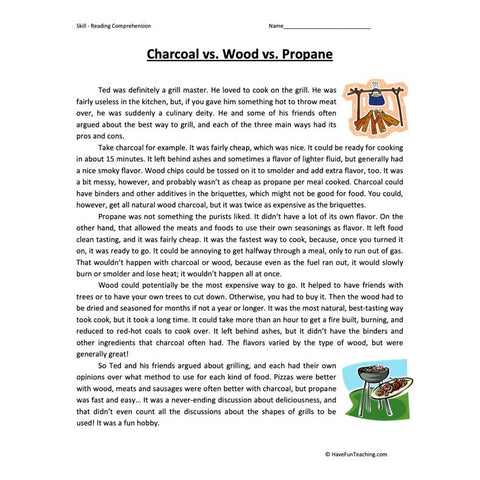 Charcoal Wood Propane Reading Comprehension Worksheet