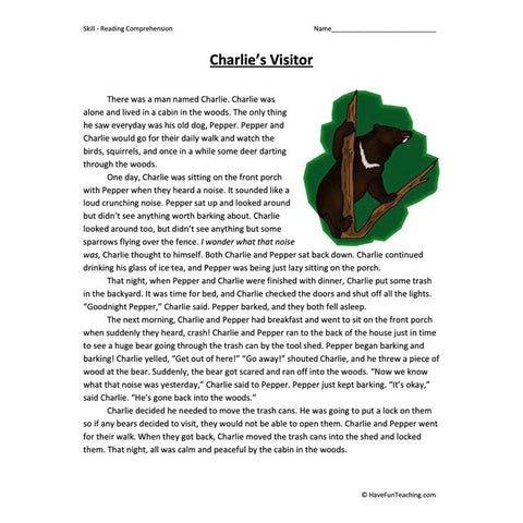 Charlie S Visitor Reading Comprehension Worksheet