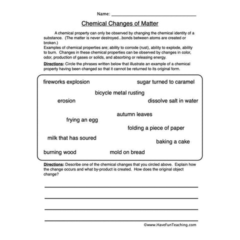 Chemical Changes Matter Worksheet