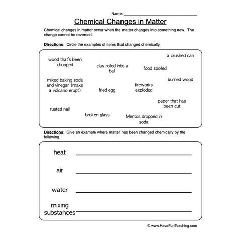 Chemical Changes Worksheet