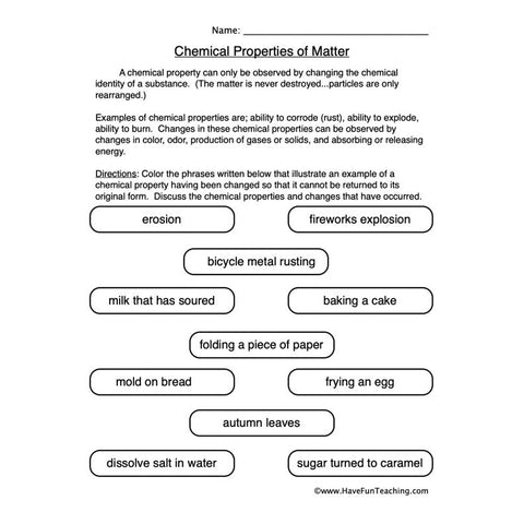 Chemical Properties Matter Worksheet
