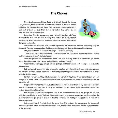 Chores Reading Comprehension Worksheet