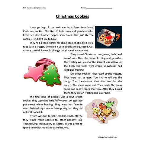 Christmas Cookies Reading Comprehension Worksheet